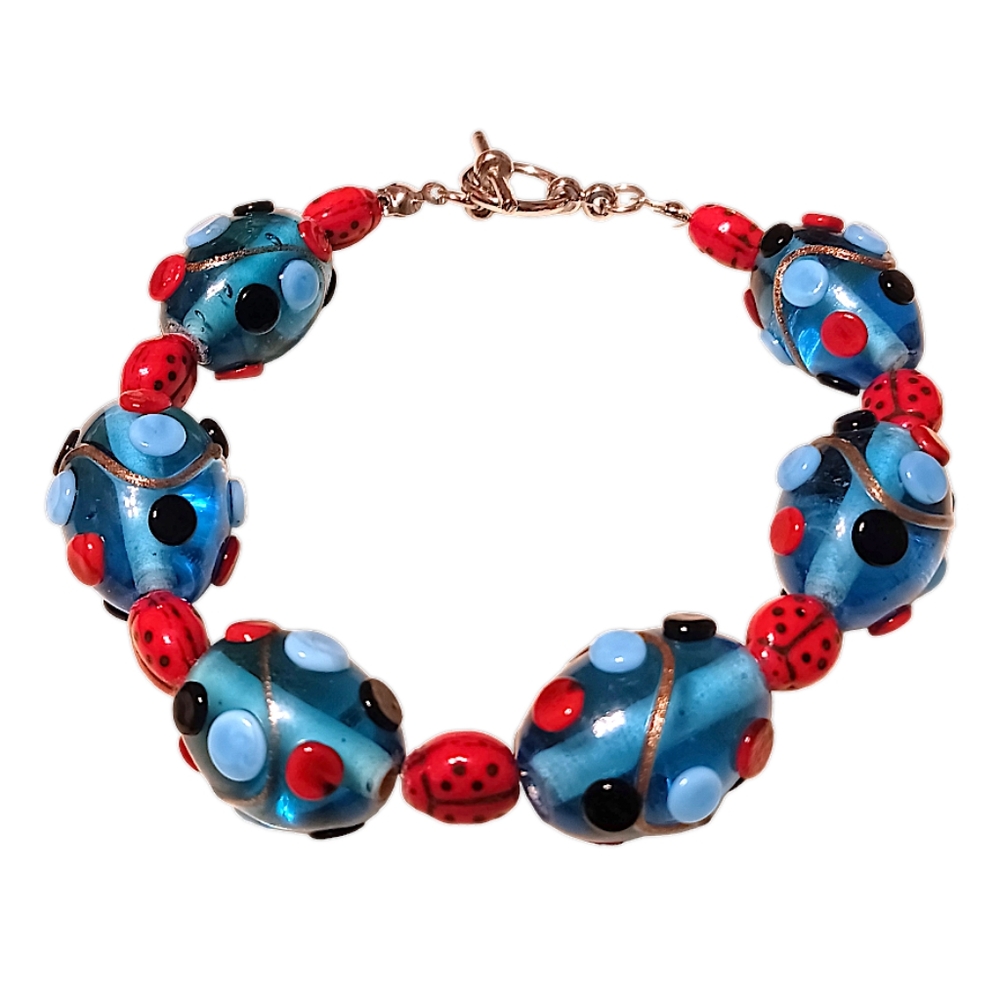 HANDMADE Red Ladybug & Turquoise Blue Polka Dot Lampwork Glass Beaded Bracelet
